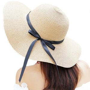 Women's Big Brim Sun Hat - Floppy Foldable Straw Hat With Bowknot for Summer Beach